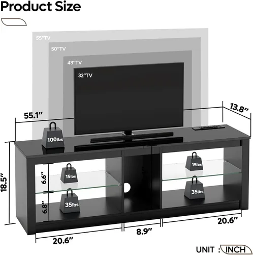 Miniatura 2 de Bestier Soporte de TV LED para TV de 55/60/65 pulgadas, centro de entretenimiento negro de alto brillo con toma de corriente y estantes ajustables