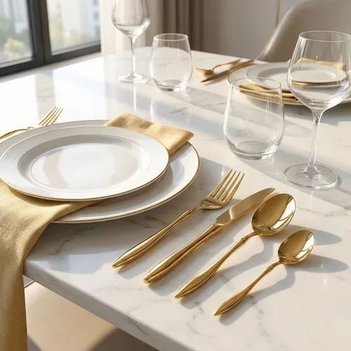 Miniatura 5 de Juego de cubiertos dorados de 16 piezas de acero inoxidable para 4, mango curvado único, elegante, ergonómico, cómodo, pulido de espejo, apto