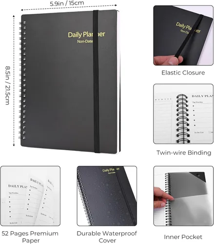 Miniatura 2 de Agenda diaria sin fecha, cuaderno A5 con horarios por hora, organizador de gestión del tiempo en espiral para hombres y mujeres, 8.3 x 5.6 pulgadas
