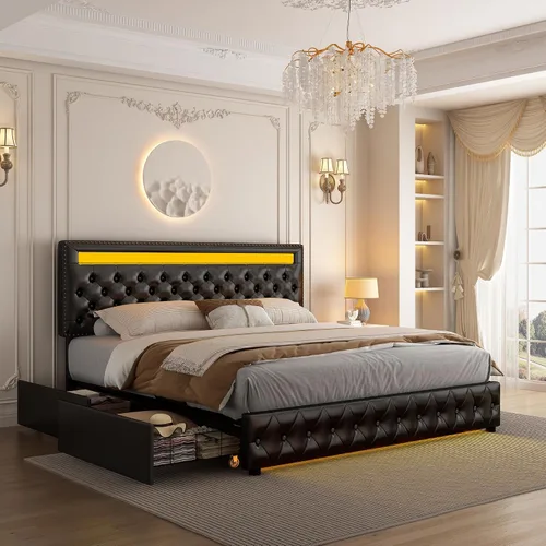 Miniatura 8 de GEGOFORU Marco de Cama LED King con 4 Cajones de Almacenamiento, con Control Inteligente de Luces LED RGBW en Cabecero y Piecero, Control