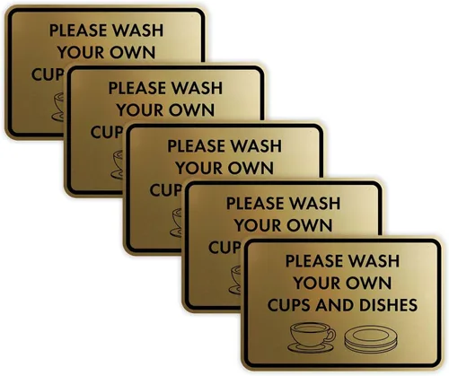 Miniatura 28 de Letrero clásico enmarcado con texto en inglés «Please Wash Your Own Cups and Dishes» (oro cepillado), pequeño