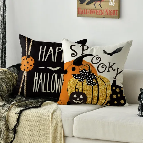 Miniatura 5 de AVOIN colorlife Happy Halloween Boo - Juego de 4 fundas de almohada con diseño de gato negro, 18 x 18 pulgadas, diseño de murciélago de calabaza