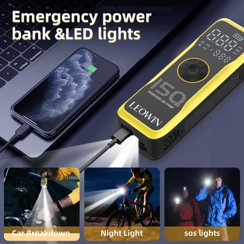 Miniatura 7 de Bomba de aire portátil para neumáticos con medidor digital de presión de neumáticos/luz LED, batería recargable integrada y adaptador de corriente