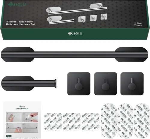 Miniatura 6 de JiGiU Toallero de 16 pulgadas, juego de accesorios de baño autoadhesivos con soporte para papel higiénico y 3 paquetes de ganchos para toallas, kit