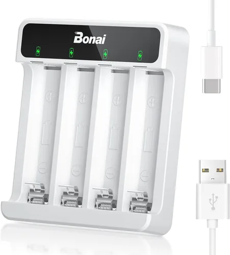 BONAI Baterías recargables con kit de cargador inteligente: Baterías Ni-MH de alta capacidad con carga rápida USB de 4 bahías (entrada tipo C, baja