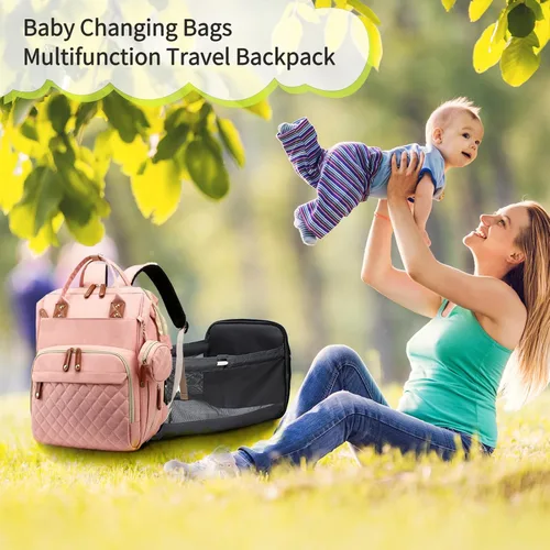 Miniatura 9 de Bolsa de pañales con cambiador, mochila impermeable 3 en 1 para pañales para bebé con cambiador plegable, mochila de viaje grande para bebé, niña