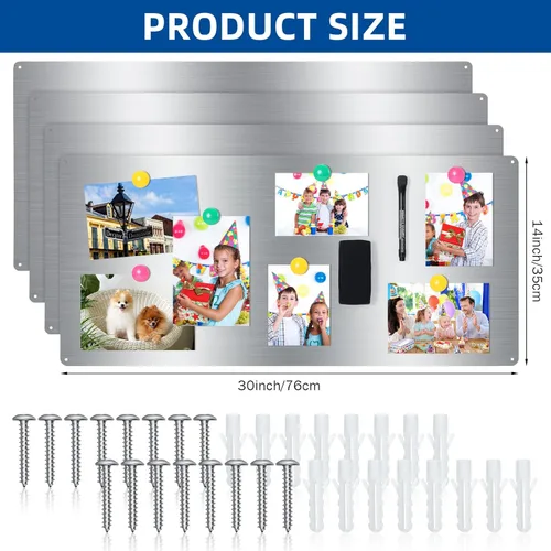 Miniatura 3 de Therwen 2 tableros magnéticos para pared, sin marco, de acero, de borrado en seco, plateado, metálico, con tiras autoadhesivas de gancho y bucle