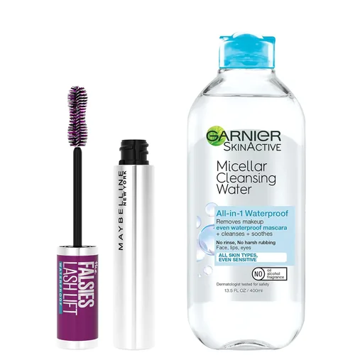 Maybelline The Falsies Lash Lift - Máscara impermeable + paquete de agua micelar Garnier SkinActive, incluye 1 máscara en negro marrón y 1 removedor