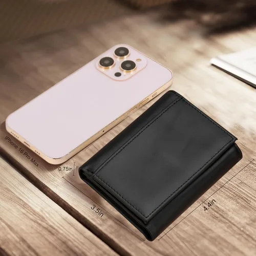 Miniatura 3 de Billetera de cuero para hombre, con bloqueo RFID, de piel auténtica, triple pliegue, Negro -, Cartera Rfid