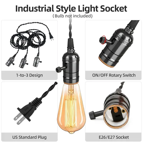 Miniatura 3 de Kit de luz colgante vintage enchufable con portalámparas colgantes E26/E27 de 1 a 3, luz colgante industrial con interruptores rotativos