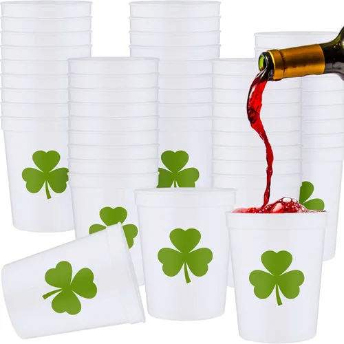 Miniatura 8 de Patelai 32 vasos de plástico para fiesta del día de San Patricio, 16 onzas, reutilizables, de trébol de la suerte, para fiestas del día de San Verde