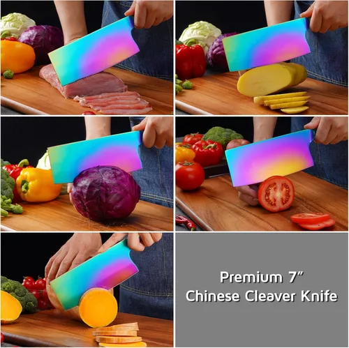 Miniatura 3 de WELLSTAR Cuchillo de carnicero para carne de arcoíris, cuchillo de carnicero chino iridiscente de 7 pulgadas, cuchillo de cocina alemán súper