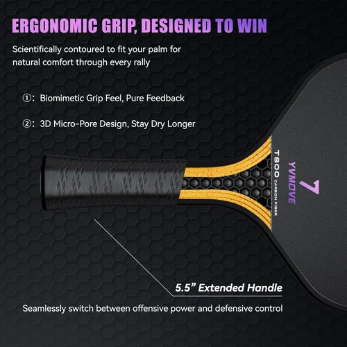 Miniatura 8 de YVmove T800 Carbon Fiber Pickleball Paddle with 16mm Dynamic Core, Premium Pickle Ball Thermoformed Unibody, Elongated Shape, Enhanced Power &