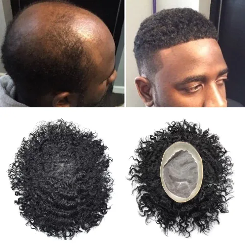 Miniatura 9 de Afro - Tupé para hombre, duradero, base fina, mono, rizado, cabello ondulado africano, piezas para hombres negros, mono encaje de poliuretano
