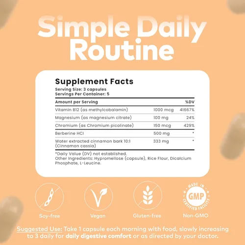Miniatura 7 de Diaberine Berberine HCL Suplemento – Berberina 500 mg con vitamina B12, magnesio y cromo – Apoya el metabolismo, la salud del corazón, la energía