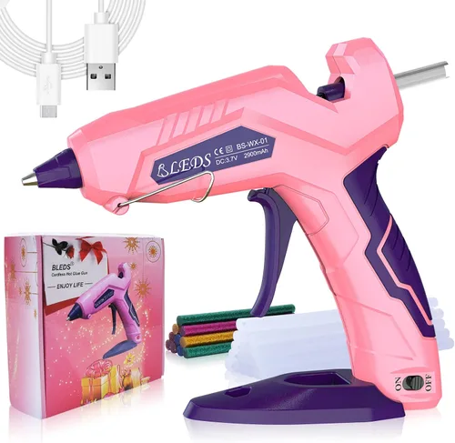 Miniatura 10 de BLEDS Pistola de pegamento caliente inalámbrica, kit de mini pistola de pegamento de precalentamiento rápido con 30 barras de pegamento y estuche