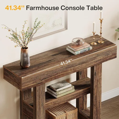 Miniatura 4 de Tribesigns Mesa consola de granja de 41.34 pulgadas, mesa de sofá estrecha de 2 niveles detrás del sofá, muebles de entrada con estantes de Marrón