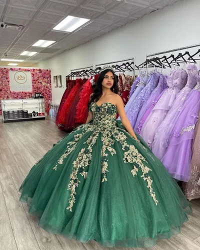 Miniatura 3 de Mouccy Vestidos de quinceañera de encaje de lujo sin tirantes con cuentas hinchadas vestidos largos de baile con tren 3D floral dulce 16 vestidos