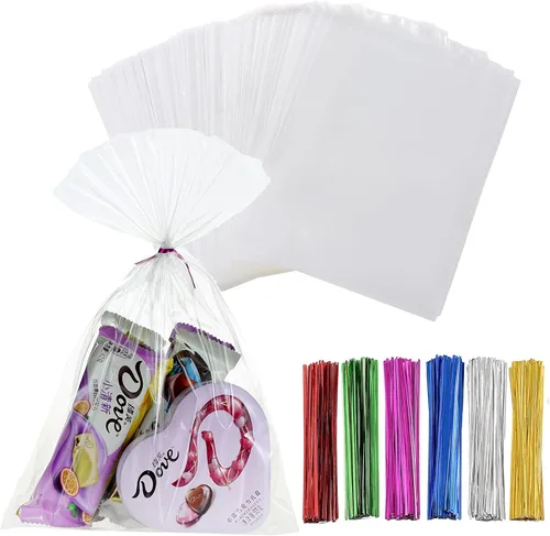 Miniatura 16 de 200 bolsas de celofán planas de celofán de 7 x 12 pulgadas con lazos torcidos de 6 colores, embalaje de galletas, dulces, postres de regalo, bolsas