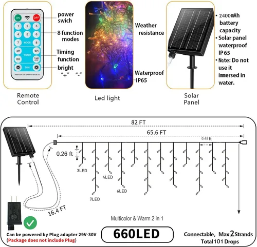 Miniatura 2 de Luces solares de Navidad para exteriores, 82 pies, 660 luces LED multicolor, funciona con energía solar con control remoto, luces solares que