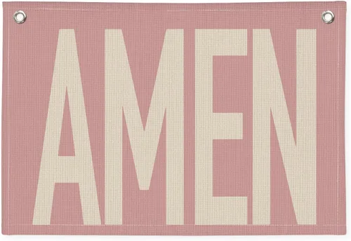 Rosa "AMEN" Arte de Pared 20x30 Pulgadas - Decoración Cristiana Coquette, Colgante para Dormitorio de Niñas, Bandera de Oración de Lino, Letrero de