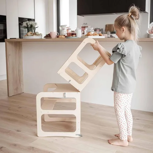 Miniatura 5 de Torre de cocina Montessori y taburete de observación para niños, mesa y silla plegable, torre de observación de cocina (color lacado/madera)