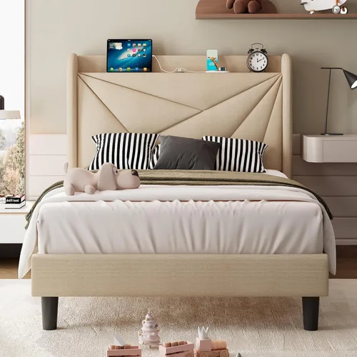 Miniatura 12 de iPormis Base de cama tamaño Queen con estación de carga, marco de cama de plataforma de lino con cabecera tapizada con respaldo de ala, soporte
