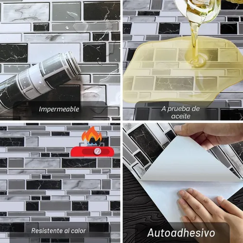 Miniatura 4 de Loseta en muro adhesiva de color blanco y negro para cocina, papel tapiz removible de 11.8 x 78.7 pulgadas, papel adhesivo con azulejos para baño