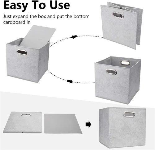 Miniatura 5 de QY-SC07-3 - Cubos de almacenamiento de tela plegables de 13 pulgadas, color gris y blanco, cajas de almacenamiento plegables para organizador