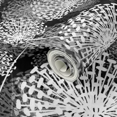 Miniatura 2 de Spoonflower Papel tapiz para despegar y pegar, diseño de dientes de león blanco y negro, flores de estilo vintage, floral, naturaleza, papel tapiz