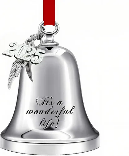 Adornos de Navidad 2025 con cinta roja, decoración anual para árbol de Navidad, adorno de campana de ángel con texto en inglés "It's a Wonderful