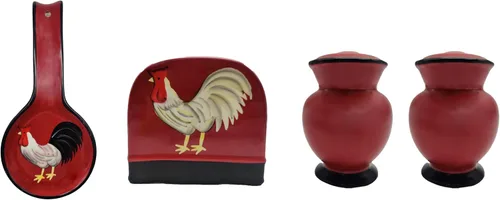ACK Ceramic Tuscany Roamer Rooster - Juego de 4 estufas de cerámica pintadas a mano, coctelera y salera, servilletero y soporte para cuchara, Roamer