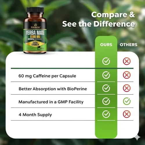 Miniatura 8 de Yerba Mate extra fuerte de alta potencia, 60 mg de cafeína por cápsula, suplementos de extracto de píldoras para energía natural limpia, fabricado