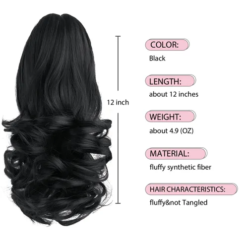 Miniatura 2 de Extensión de cola de caballo de color negro, pinza de extensiones de cabello rizado para mujer, extensiones de cabello sintético de cola de caballo