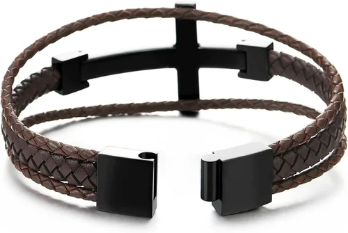 Miniatura 4 de COOLSTEELANDBEYOND Men Stainless Steel Horizontal Sideway Lateral Cross Three-Row Braided Leather Bangle Bracelet