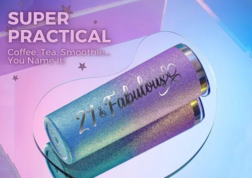 Miniatura 6 de Onebttl Regalos de cumpleaños número 21 para mujeres, niñas, ella, 21 y fabuloso, vaso aislado de acero inoxidable con purpurina de 20 onzas / 20.0