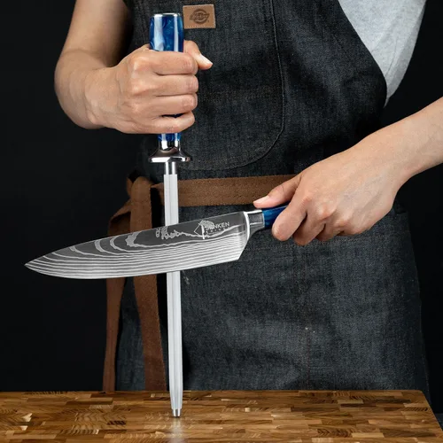 Miniatura 3 de SENKEN - Afilador de cuchillos profesional con mango de resina azul, varilla de acero inoxidable de alto carbono para afilar y afilar cuchillos