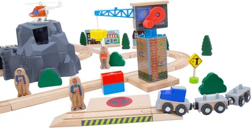 Miniatura 3 de Juego de tren de madera para niños, grúa magnética para levantar y cargar helicóptero, contenedores de envío de semirremolques, motor diésel, juego
