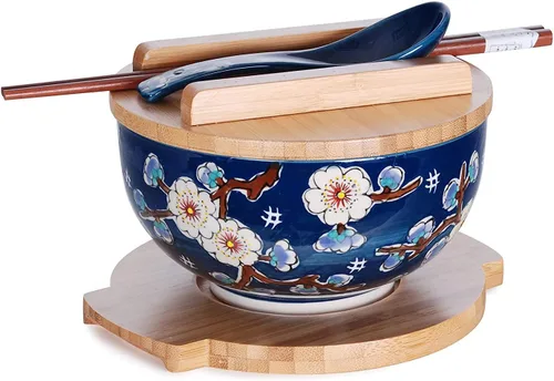 Happy Sales HSKM-CHRYB8, juego de tazón para ramen, fideos de arroz estilo vintage japonés Kamameshi con tapa de bambú, esterilla, palillos y