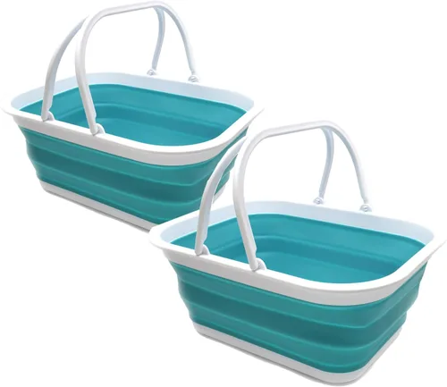 SAMMART Juego de 2-15.5L (4.1 galones) bañera plegable con asa – Cesta de picnic portátil al aire libre/cráter – Bolsa de compras plegable –