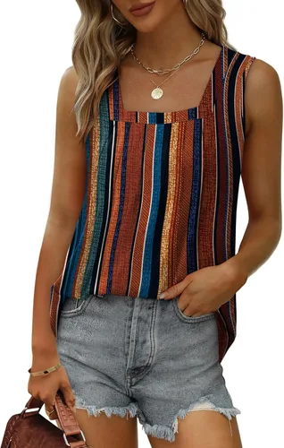 Miniatura 132 de Saloogoe - Camisetas sin mangas veraniegas para mujeres, plisadas con cuello cuadrado y dobladillo curvado, blusas de ajuste holgado con movimiento