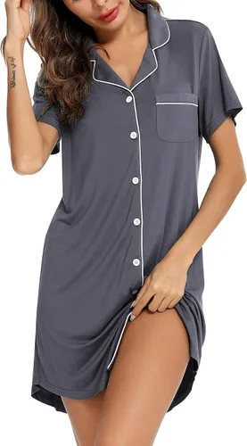 Miniatura 184 de Samring Camisón de pijama para mujer, manga corta/larga, con botones, camisón para dormir, camisón para novio, talla XXL