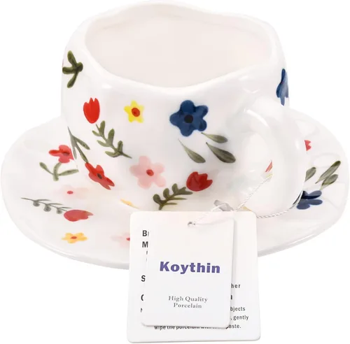 Miniatura 3 de Koythin Taza de café de cerámica, bonita taza rosa para mujer con platillo para la oficina y el hogar, apta para lavavajillas y microondas, 10