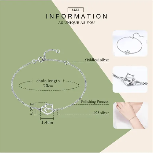 Miniatura 5 de Pulsera de cadena de plata de ley 925 con dije de corazón de amor de gato, pulseras de oro chapadas ajustables con longitud de cadena de 6.5 a 7.9