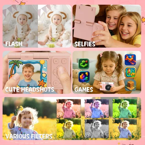 Miniatura 4 de Cámara digital para niños FHD 1080P Cámara digital para niños con tarjeta de 32 GB, pantalla abatible de 2 pulgadas de 180 ° con soporte para cámara