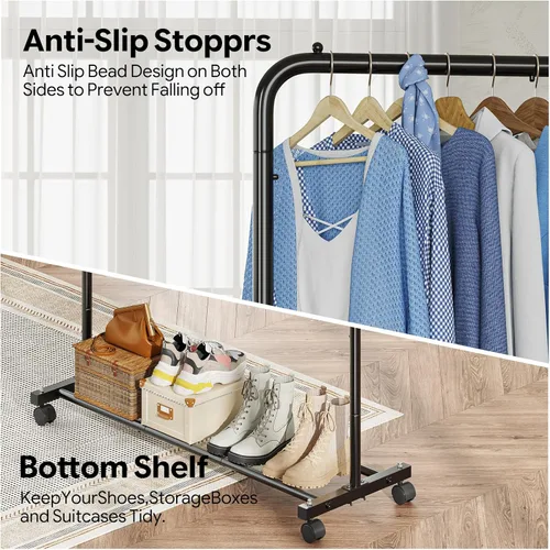 Miniatura 5 de Simple Trending - Perchero de ropa estándar con estantes de almacenamiento, organizador de ropa rodante sobre ruedas para colgar ropa, Negro
