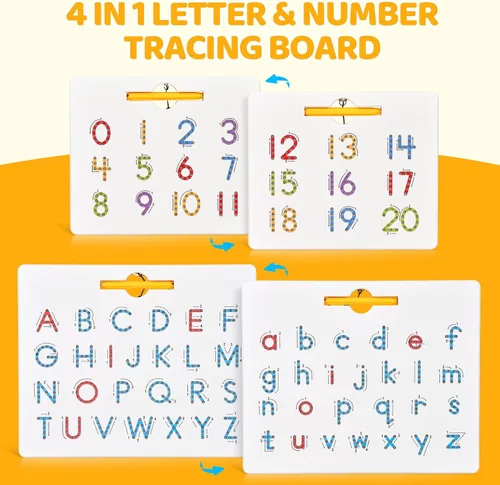 Miniatura 2 de GAMENOTE Juego de tableros magnéticos de letras y números de doble cara - Tablero de trazado de alfabeto y números para niños pequeños, práctica