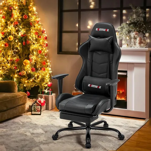 Miniatura 9 de Silla de masaje para juegos con reposapiés, silla ergonómica de PC con respaldo alto con reposacabezas y lumbar, silla giratoria de PU para Negro