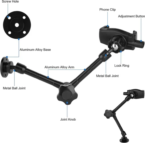 Miniatura 2 de Mippko Soporte de teléfono de montaje en pared para coche/escritorio/barco/escritorio/vehículos, soporte de aleación de aluminio ajustable de 360°