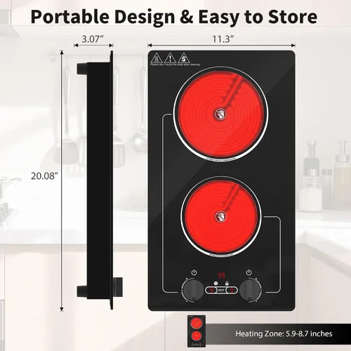 Miniatura 8 de VBGK - Placa de cocina eléctrica, estufa eléctrica de 110V y 2100W con control de perilla, diseño de encimera/integrado con 9 niveles de potencia